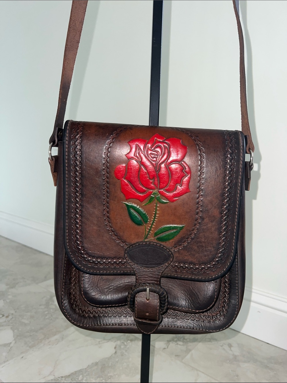 Brown Leather Crossbody Bag with Red Rose Motif